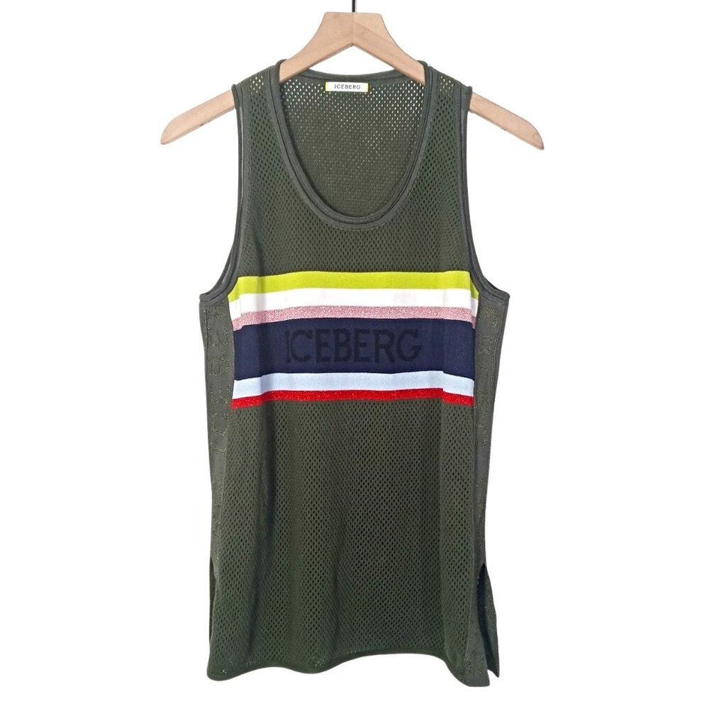 Iceberg Womens Stripe Mesh Tank Top Green Cotton Blend Size Small